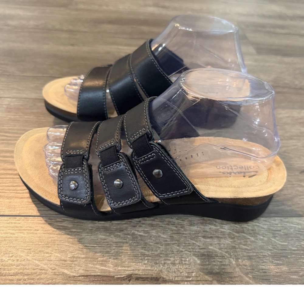 Clarks Collection Black Leather Triple Strap Slide Sandals‎ Womens 8.5M